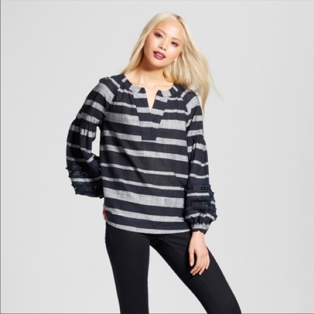 Who What Wear black grey stripe tunic top with embellished balloon sleeves